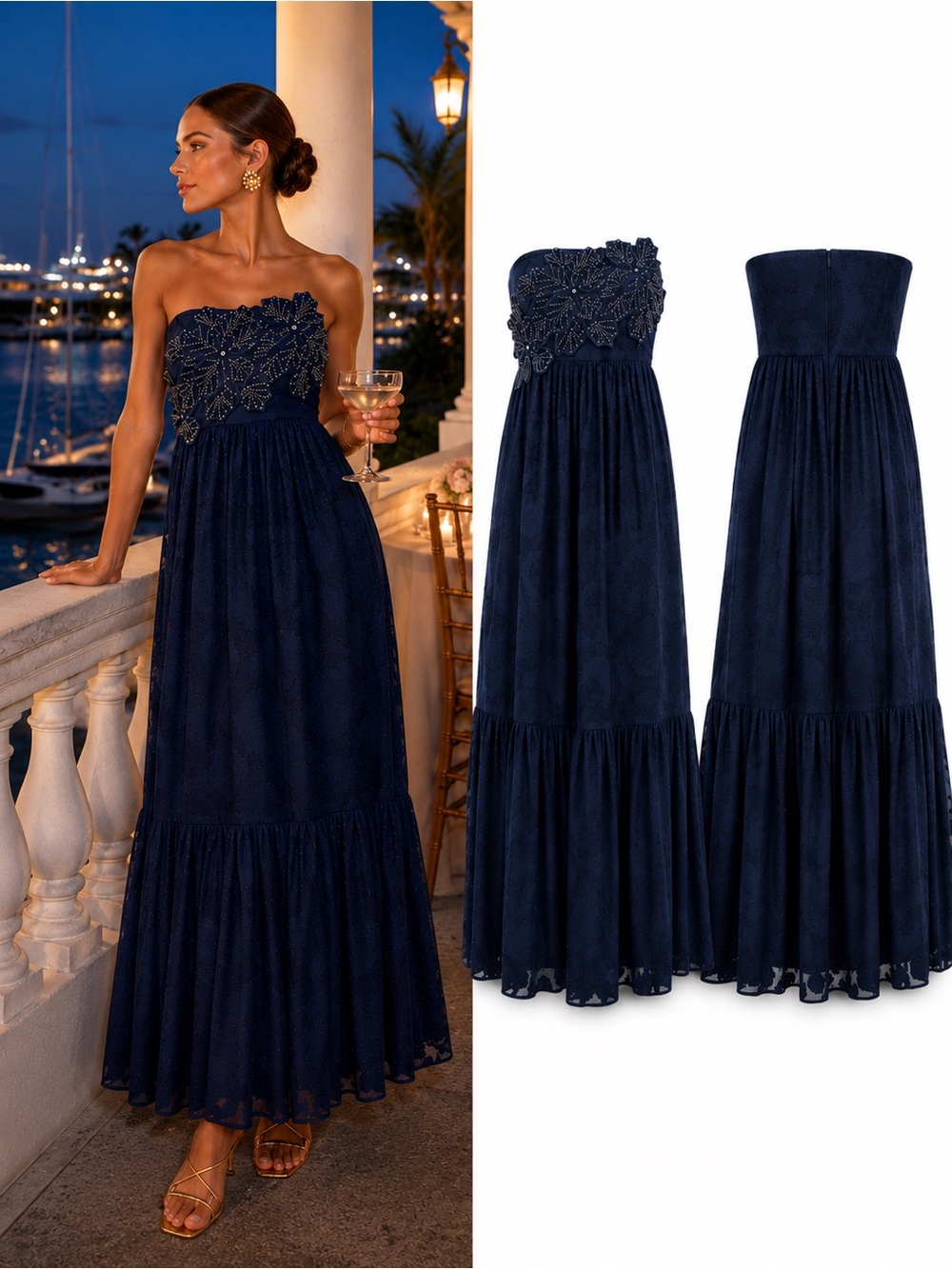 Lilly Pulitzer Mollylynn Clip Maxi Dress NWT Size 0 Navy Beaded Floral Appliqué